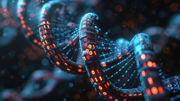 Abstract representation of DNA strands intertwined with binary code, symbolizing technology and genetics photo