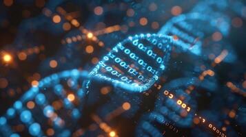 Abstract representation of digital data flowing through a dynamic, glowing DNA structure photo