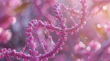 Close-up of a vibrant pink DNA double helix structure with a dreamy bokeh background photo