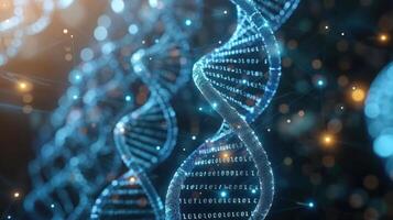 Abstract visualization of DNA strands intertwined with binary code in a futuristic digital environment photo