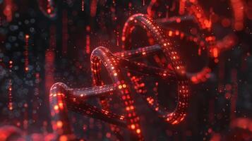 Abstract representation of DNA strands illuminated in vibrant red against a dark background photo