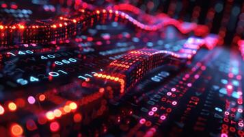 Abstract digital data visualization with glowing red and blue binary code waves in motion photo