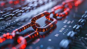 Close-up view of interconnected digital chains with glowing numbers on a circuit board backdrop photo
