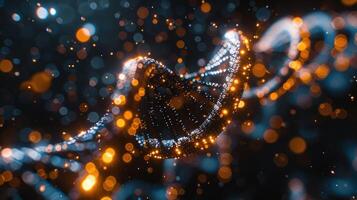 Abstract representation of DNA strand with glowing particles in a dark background photo