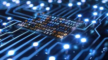 Close-up of a futuristic circuit board with glowing lights and binary code, showcasing technology photo