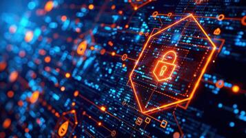 Digital security concept with glowing lock symbol amidst data streams and network connections photo