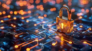 Digital padlock symbolizing cybersecurity on a circuit board with glowing connections photo