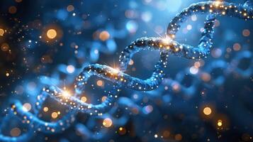 Abstract representation of DNA structure with glowing particles and blue background effects photo