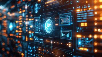 Futuristic digital interface displaying data and analytics with glowing elements and patterns photo