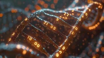 Close-up of a glowing DNA helix with numerical data, symbolizing genetic research and innovation photo