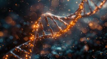 Abstract representation of DNA strands illuminated by glowing particles in a dark environment photo