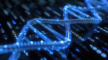 Abstract representation of DNA strands intertwined with digital binary code glowing in blue photo