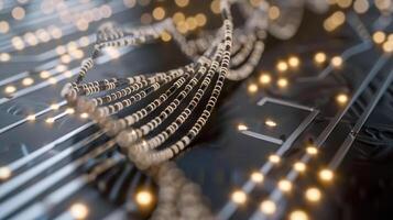 Close-up of a DNA strand intertwined with circuit patterns, illuminated by glowing lights, representing technology photo