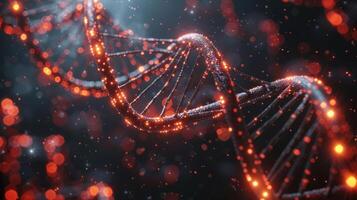 Close-up view of a glowing DNA double helix structure against a dark, bokeh background photo