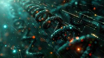 Abstract digital representation of intertwined chains with glowing particles and data streams photo