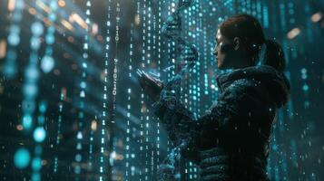 Futuristic woman interacting with digital data streams in a high-tech urban environment photo