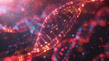 Abstract representation of DNA structure with binary code and colorful particles in a digital environment photo