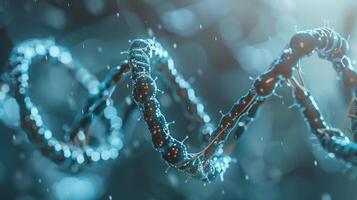 Close-up view of a DNA double helix surrounded by shimmering particles in a scientific setting photo