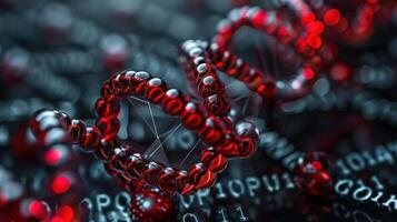 Close-up of red DNA strands intertwined with binary code, symbolizing genetic data and technology photo