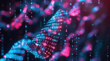 Abstract digital visualization of binary code flowing through a vibrant, colorful background photo