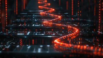 Futuristic digital landscape with glowing data streams flowing through a high-tech corridor photo