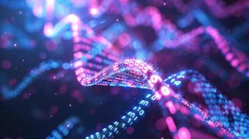 Abstract digital wave of glowing binary code flowing through a dark space, creating a vibrant visual photo