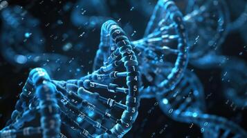 Abstract representation of DNA strands with binary code, symbolizing genetic data and technology photo