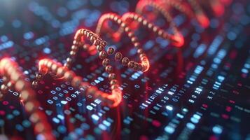 Abstract visualization of digital data flow with glowing binary code and waveforms in motion photo