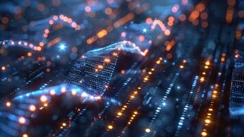 Abstract visualization of data waves with glowing particles and digital elements in a futuristic setting photo