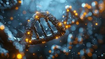 Close-up view of a DNA double helix illuminated with glowing particles in a dark environment photo