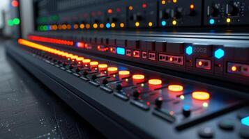 Close-up view of a professional audio mixing console with illuminated buttons and sliders in use photo