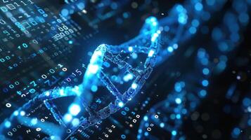 Abstract representation of DNA strands intertwined with digital data, symbolizing biotechnology advancements photo