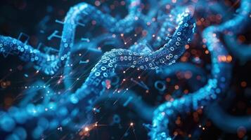 Abstract representation of interconnected blue strands with glowing elements in a digital environment photo