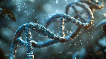 Close-up view of a DNA double helix surrounded by soft blue and green bokeh effects photo