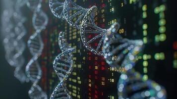 Close-up view of a DNA double helix structure against a digital data backdrop with vibrant colors photo