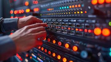 Close-up of a technician adjusting server connections in a data center filled with lights photo