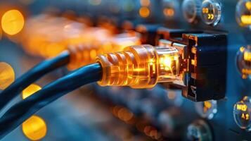 Close-up of illuminated network cables connecting to a server, showcasing technology in action photo