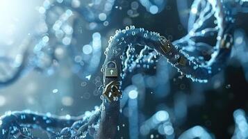 Intricate digital DNA strands secured with locks, symbolizing data protection and security photo
