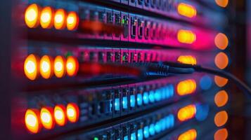 Close-up view of illuminated server rack showcasing vibrant LED indicators and cables photo