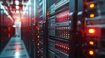 A close-up view of illuminated server racks in a data center, showcasing technology and operations photo