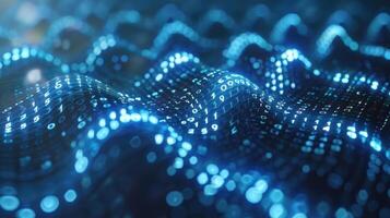Abstract representation of flowing digital data waves with glowing binary code in a futuristic setting photo
