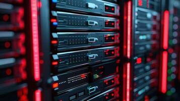 High-tech server room with illuminated racks showcasing data storage technology photo