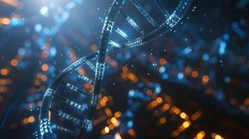 Abstract visualization of a DNA double helix structure illuminated by vibrant blue and orange lights photo