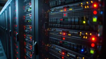 Close-up view of illuminated server racks in a data center with blinking lights and cables photo