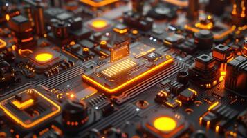 Close-up view of a futuristic circuit board with glowing components and intricate details photo