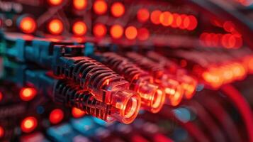 Close-up of illuminated network cables connected to a server, showcasing vibrant red lights and technology photo