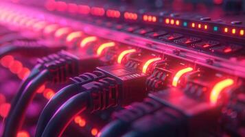 Close-up of illuminated network cables connected to a server, showcasing vibrant colors and technology photo