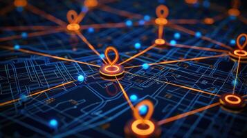 Abstract representation of a digital map with interconnected points and glowing nodes photo