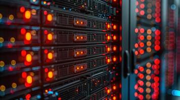 Close-up of illuminated server racks in a data center showcasing technology and connectivity photo
