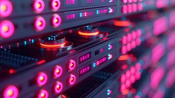 Close-up view of modern server racks with colorful LED indicators in a data center photo